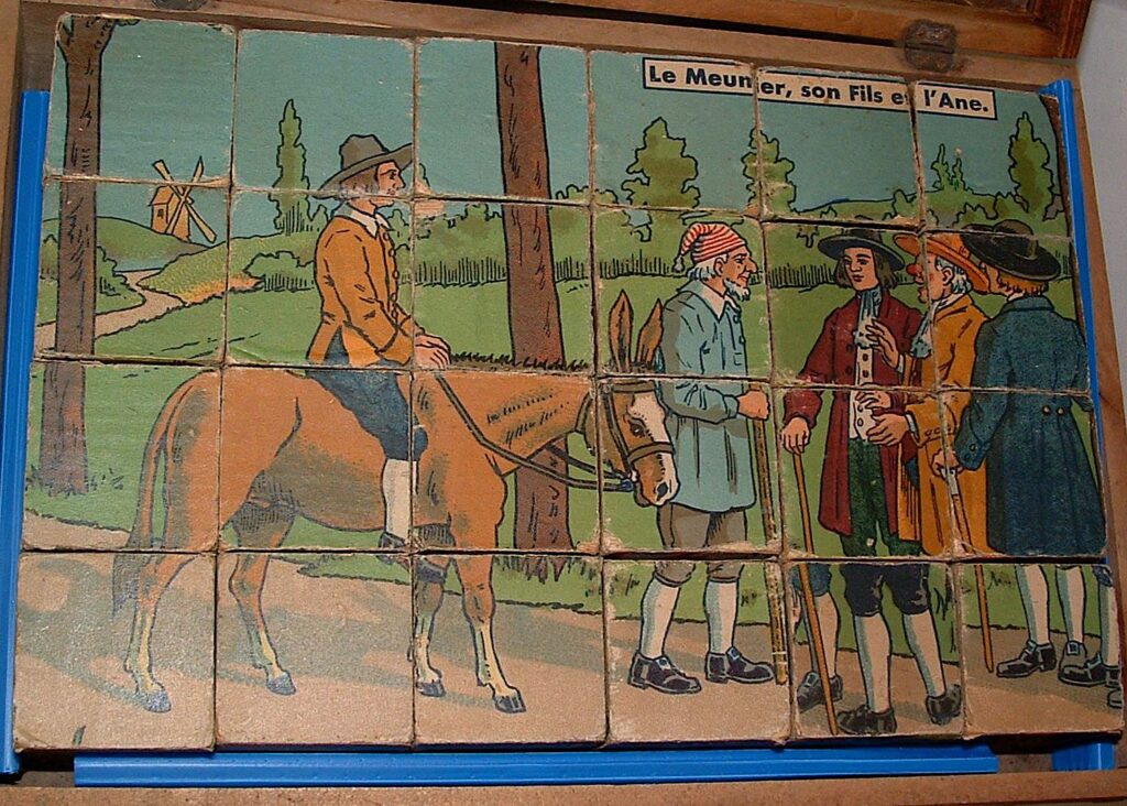 Jeu de cubes en bois, ancien, fables de la Fontaine sur Gens de Confiance